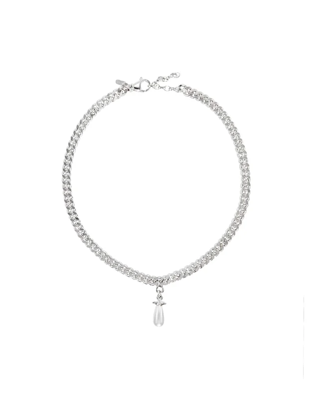 unique necklaces for women -Chunky Chain Drop Silver Necklace w. Glass Pearl