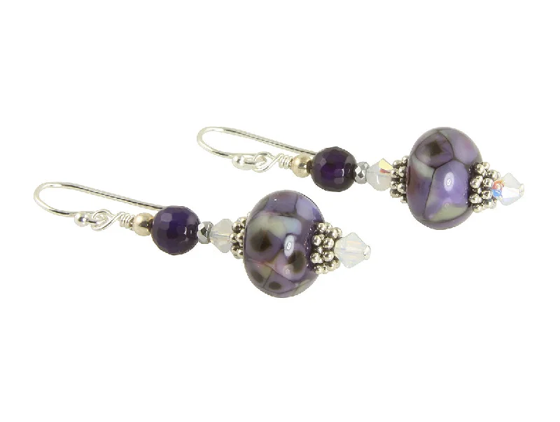 vintage-style earrings for women -Mosaic Purple Lampwork Bead Earrings