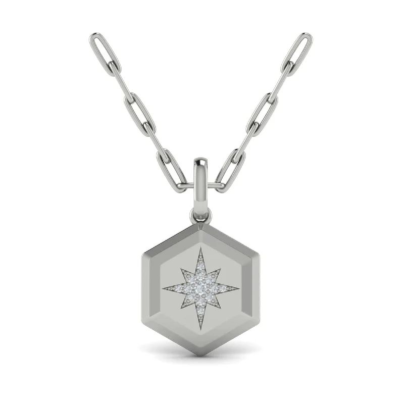 boho style necklaces for women -Center Starburst Diamond and Bezel Hexagon Pendant Necklace