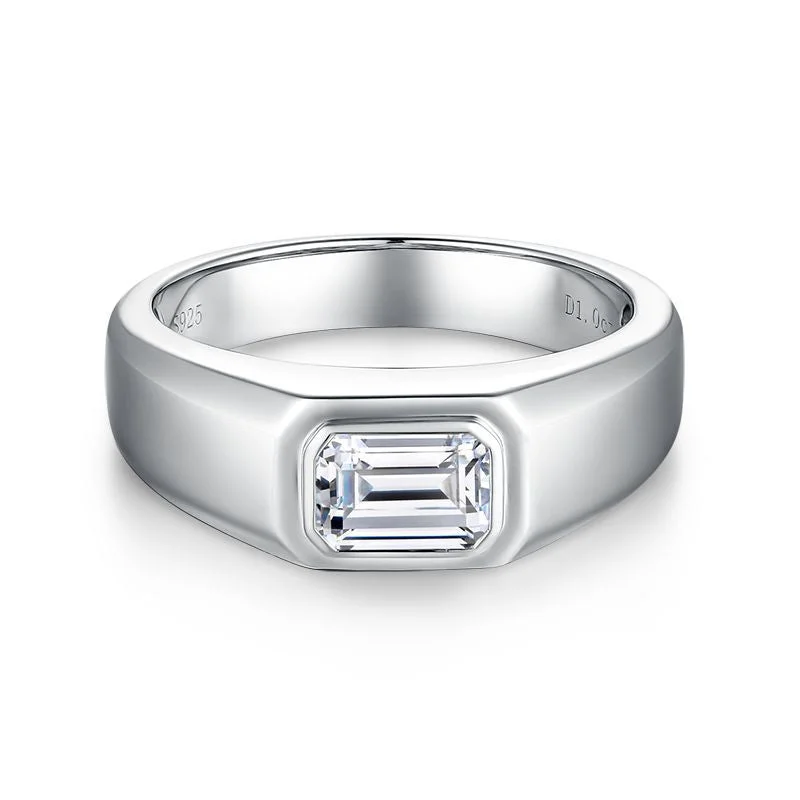 oval-cut rings for women -1.0CT Emerald Cut Moissanite Silver Men's Ring Band