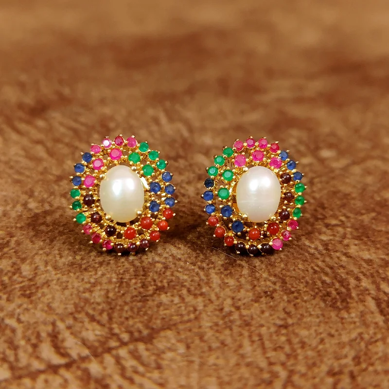 sterling silver earrings for women -MULTICOLOUR GOLD PLATED SEMI PRECIOUS PEARL STUDS