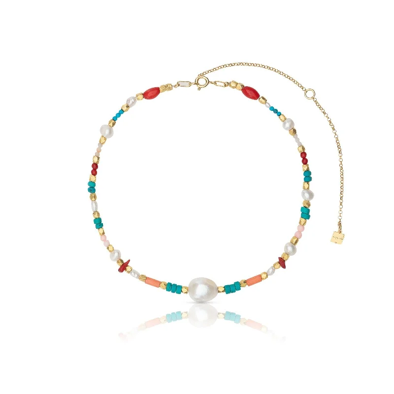 elegant charm necklaces for women -Ningaloo 18K Gold Plated Necklace w. Coral, Pearls & Turquoise