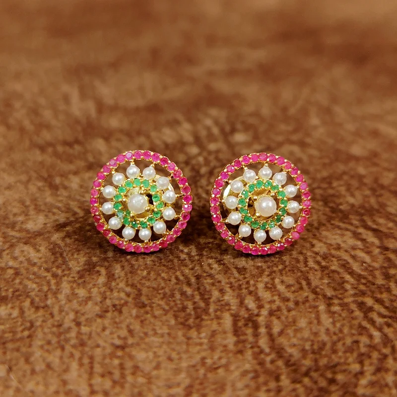 gemstone stud earrings for women -RUBY & EMERALD PEARL STUDDED GOLD PLATED STUDS