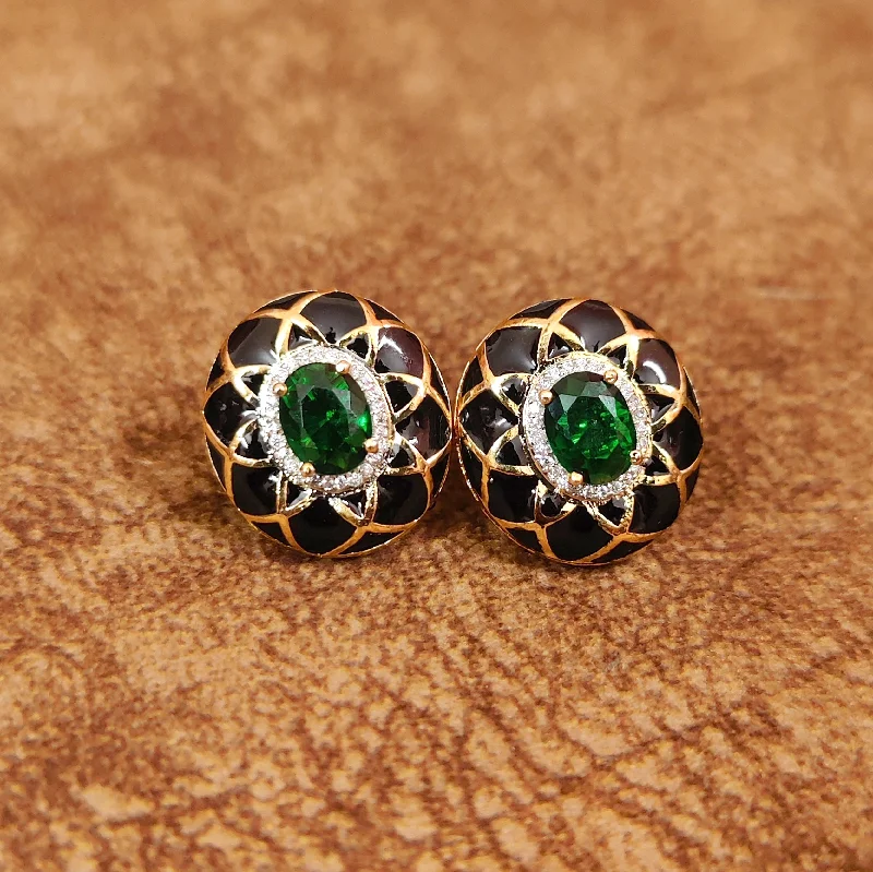 modern earrings for women -EMERALD GREEN CZ STUDDED OVAL MEENAKARI STUDS