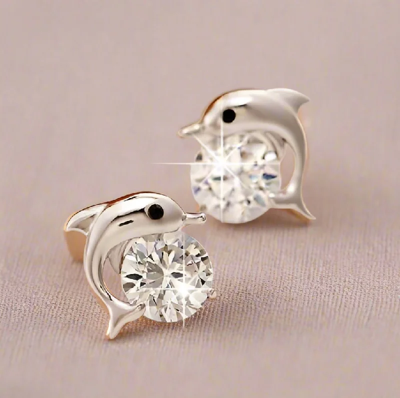 gemstone stud earrings for women -Jumping Dolphin Cz Stud Earrings for Women and Teen Any Occasion