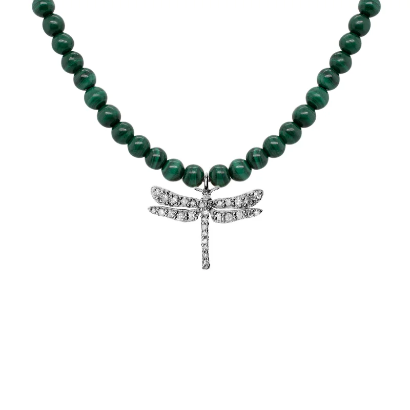 handmade necklaces for women -Dragonfly Oxidized Silver Necklace w. Malachite & Diamond