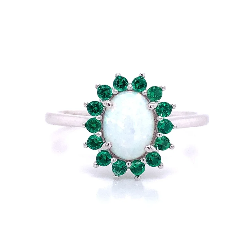 contemporary rings for women -Sterling Silver Opal Halo Emerald Cz Ring