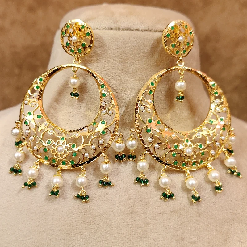 bold silver earrings for women -EMERALD & PEARL REAL GOLD LOOK CHANDBALI EARRINGS