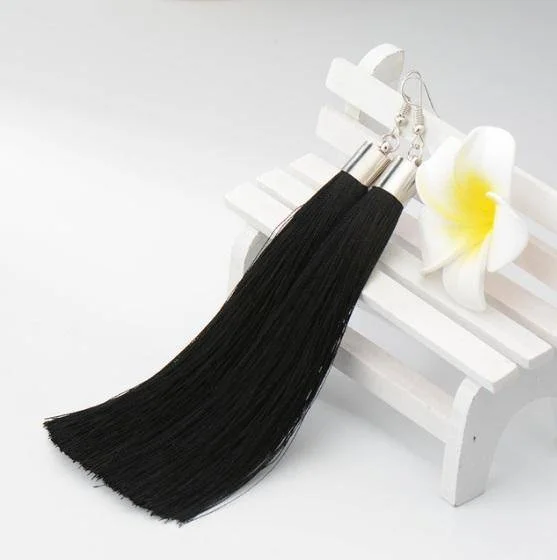 statement hoop earrings for women -Dramatic Silk Thread Long Tassel Earrings