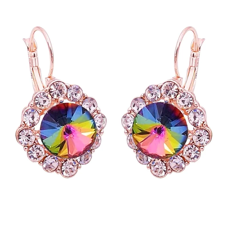 fashion earrings for women -Rainbow Crystal Leverback Earrings for Women