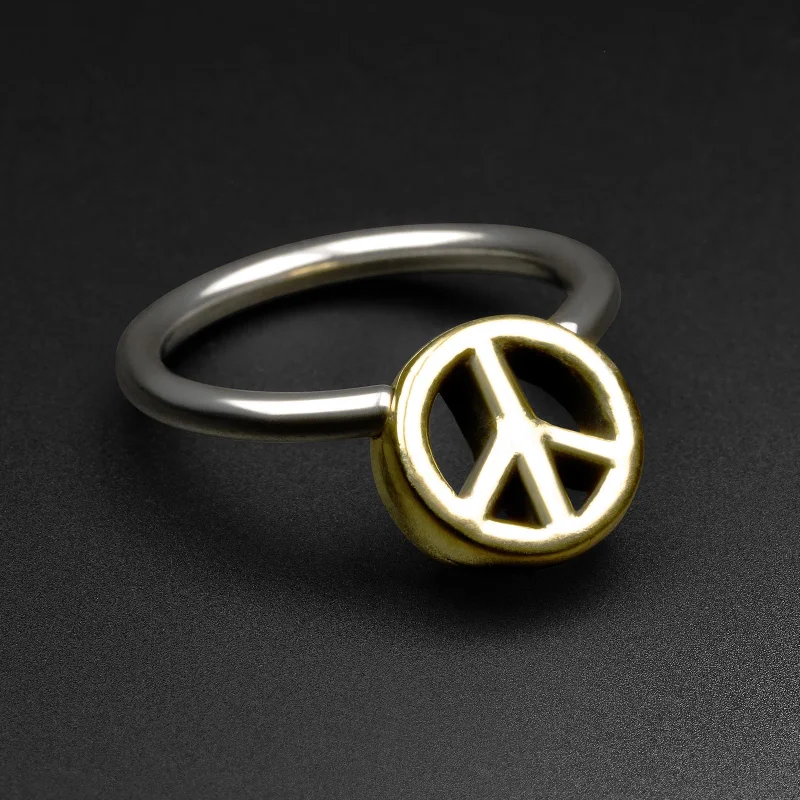 personalized rings for women -Peace Sign Brass & Surgical Steel BCR Ball Closure Ring