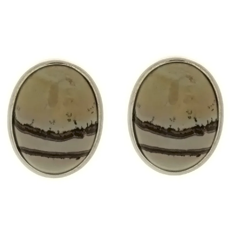 chic earrings for women -STUD GEMSTONE DENDRITIC JASPER OVAL SS EARRINGS