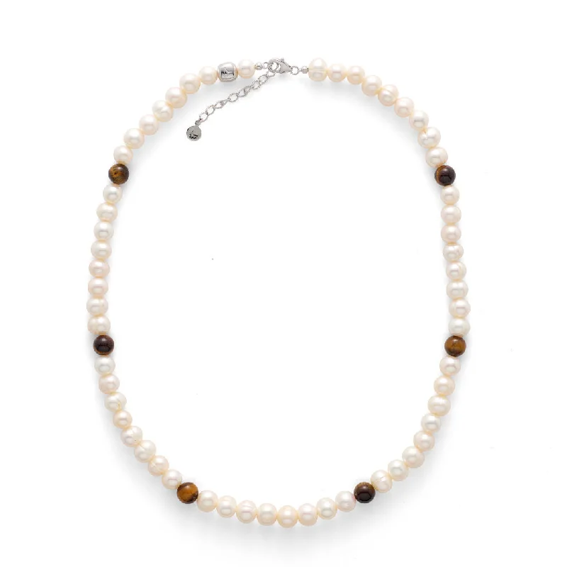 sterling silver necklaces for women -Silver Necklace w. Pearls & Brown Tiger's Eye