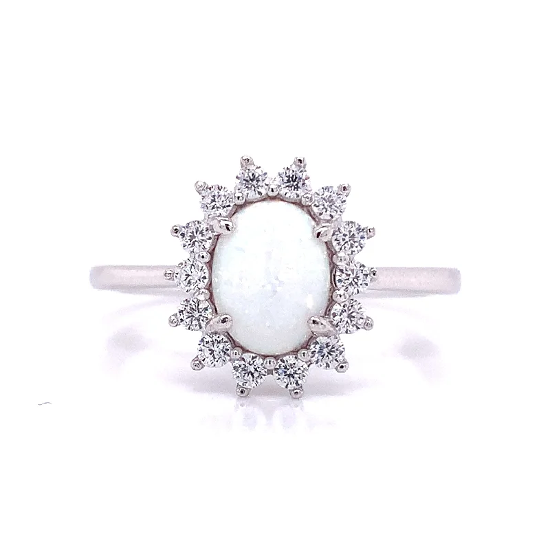 white gold engagement rings -Sterling Silver Opal Halo Cz Ring