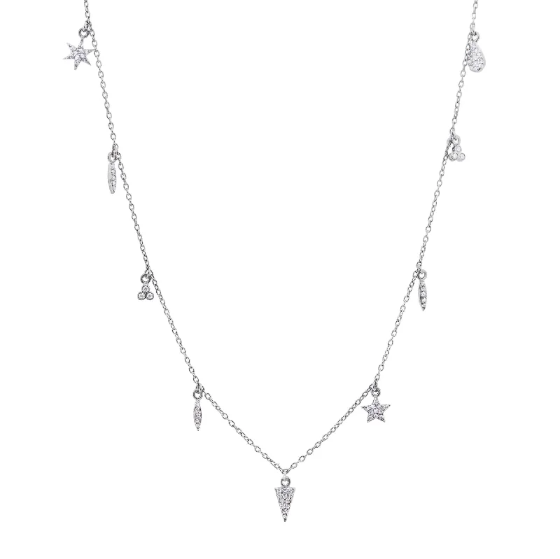 gemstone necklaces for women -9 Charm White Rhodium on Silver Necklace w. Zirconia