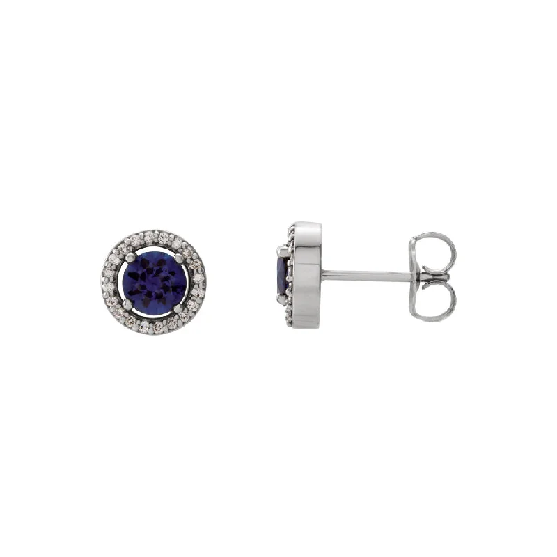 elegant pearl earrings for women -7.5mm Halo Style Blue Sapphire & Diamond Earrings in 14k White Gold