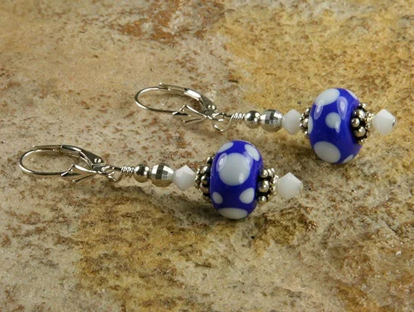 dazzling earrings for women -Blue Polka Dot Lampwork Earrings