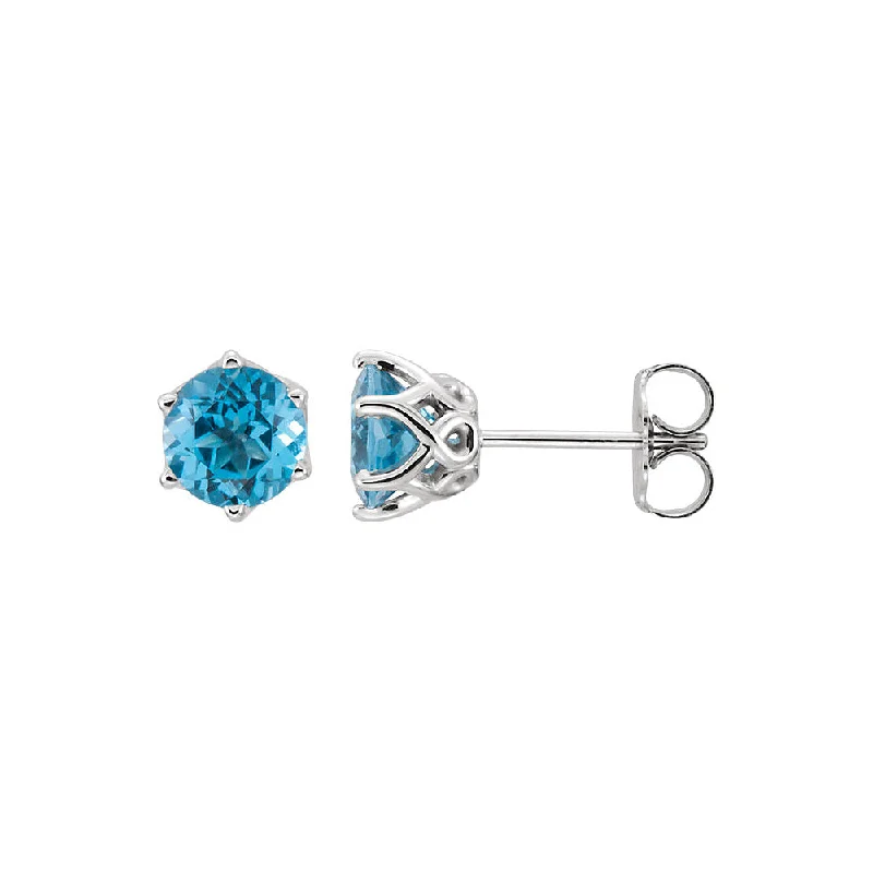 hoop earrings for women -6mm Swiss Blue Topaz 6-Prong Stud Earrings in 14k White Gold