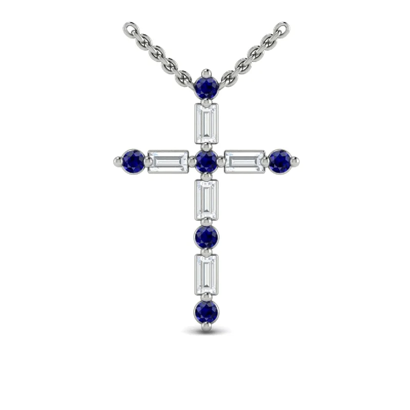 eco-friendly necklaces for women -Diamond Baguette and Blue Sapphire Cross Pendant Necklace