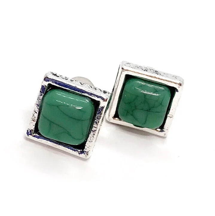 luxury silver earrings for women -Bohemia Turquoise Square Stud Earrings