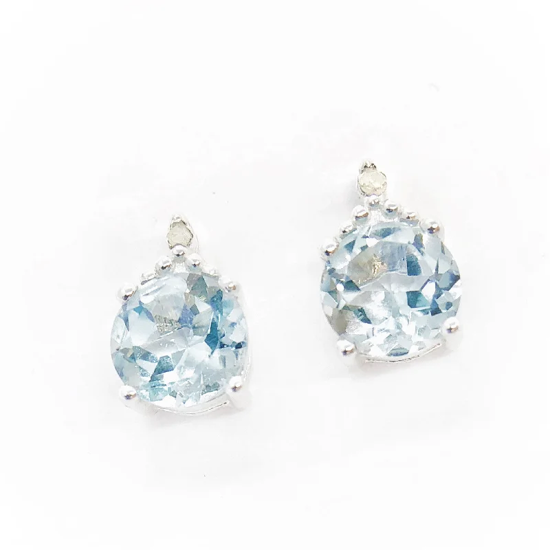 custom name earrings for women -Genuine Blue Topaz & Natural Diamond Accented IOBI Precious Gems Stud 925 Sterling Silver Earrings