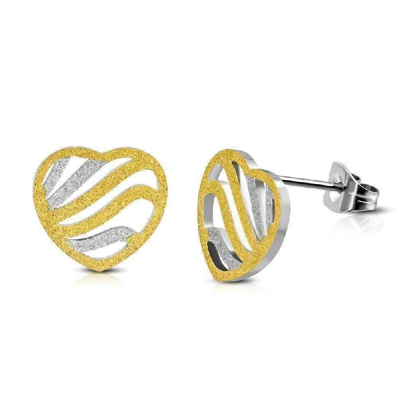 bridal drop earrings for women -Wavy Heart Sandblasted Two Tone Gold Plated Stainless Steel Stud Earrings