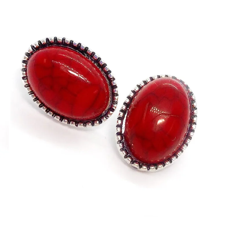 glamorous earrings for women -Bohemia Red Turquoise Oval Stud Earrings