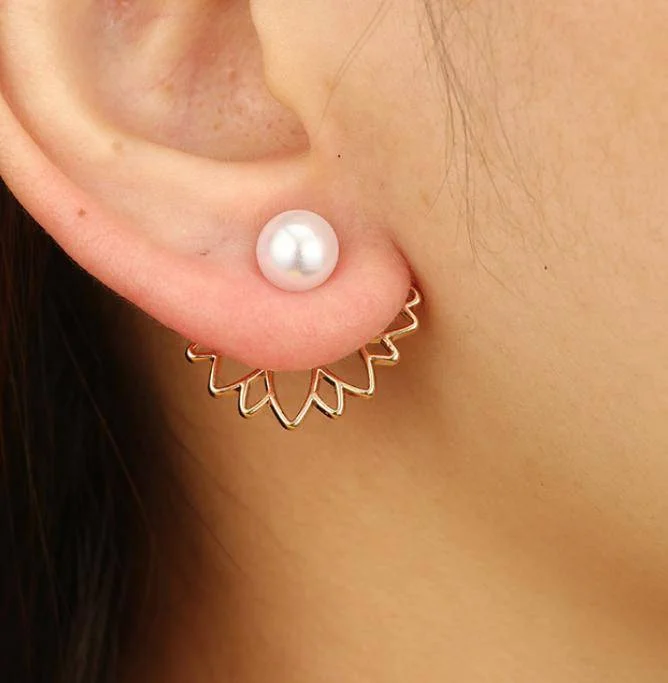 bridal earrings for women -Lotus Flower Pearl Stud Earrings & Jacket