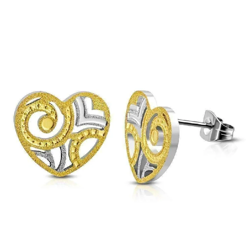 minimal earrings for women -Paisley Heart Sandblasted Two Tone Stainless Steel Stud Earrings