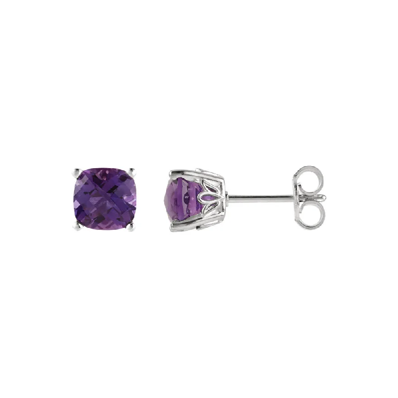 silver dangle earrings for women -6mm Cushion Amethyst Stud Earrings in 14k White Gold