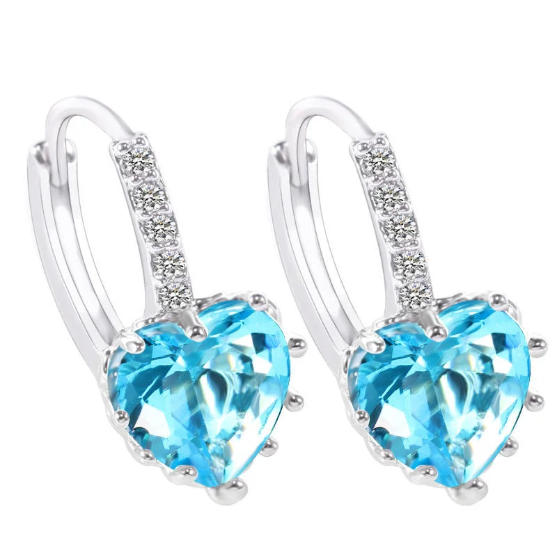 romantic pearl earrings for women -Petite Heart Shaped Aqua Austrian Crystals Hoop Earrings