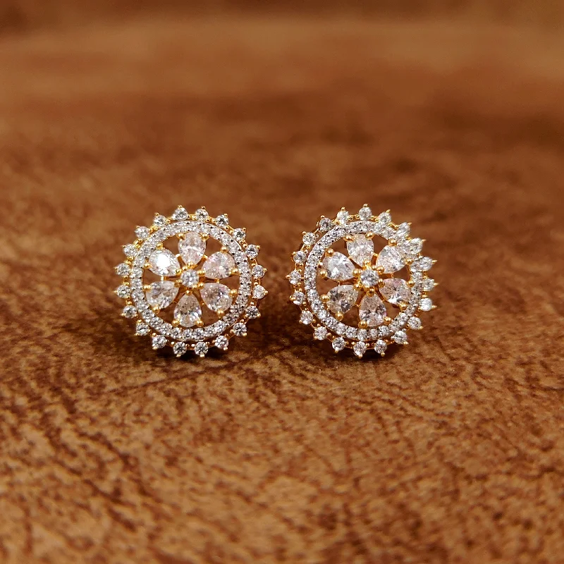 bridal drop earrings for women -FLOWER PATTERN GOLD PLATED AMERICAN DIAMOND STUDS