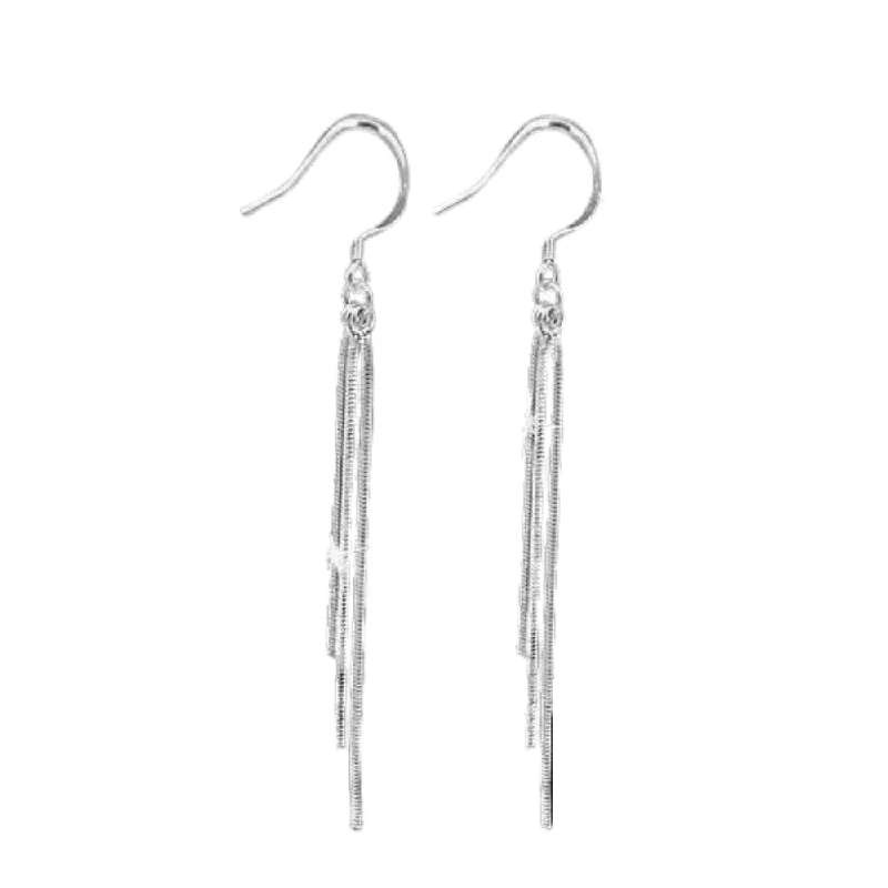 trendy drop earrings for women -Triple Tassel Dangling Silver Snake Chain Versatile Hook Earrings For Woman