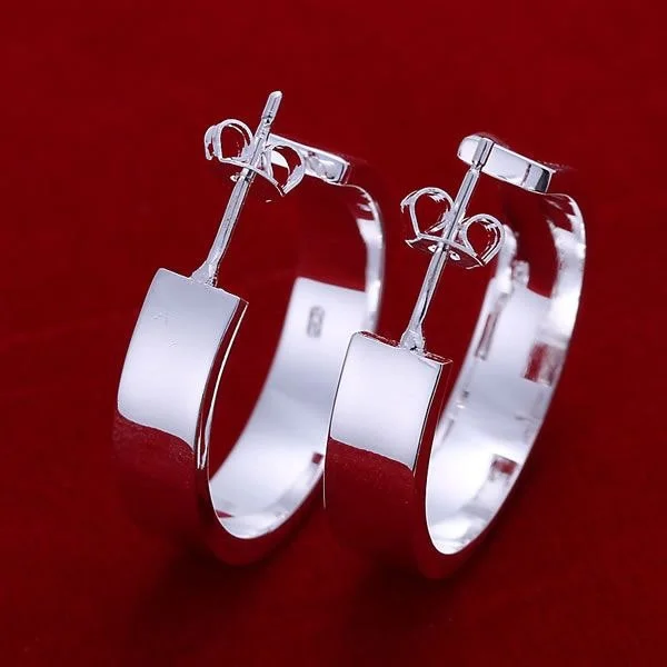 long drop earrings for women -Flat Silver Hoop Stud Earrings