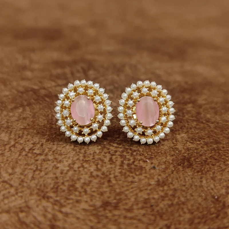 bright gemstone earrings for women -PINK ONYX & PEARL OVAL STUDS