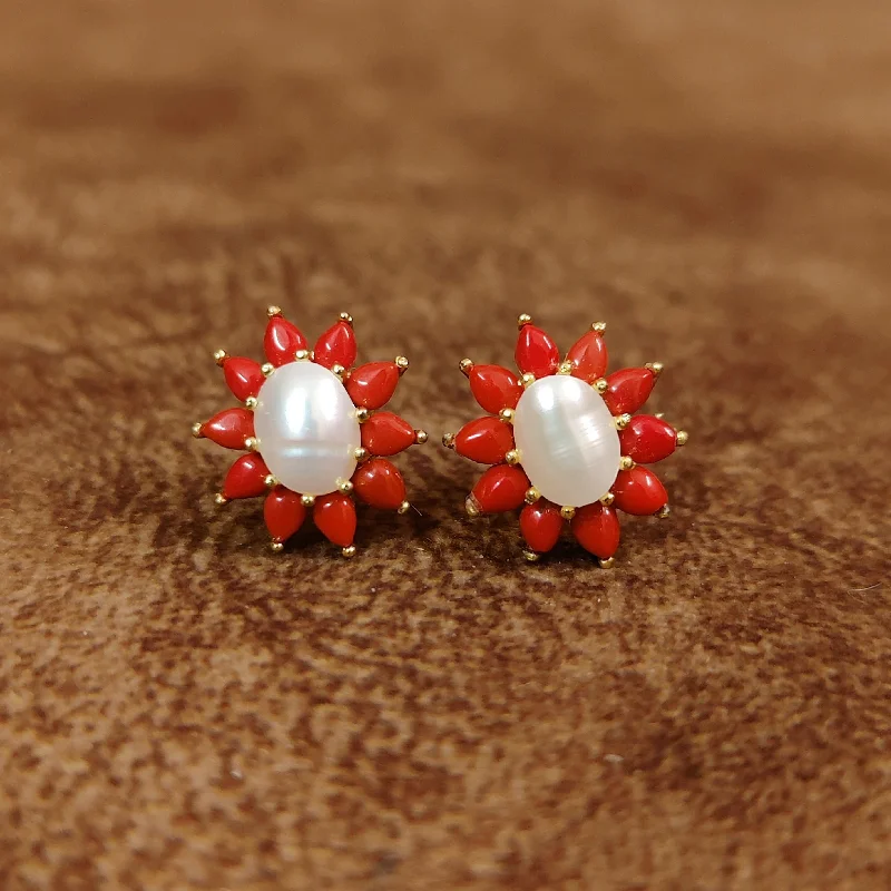 wedding hoop earrings for women -RED CORAL & SEMI PRECIOUS PEARL STUDS