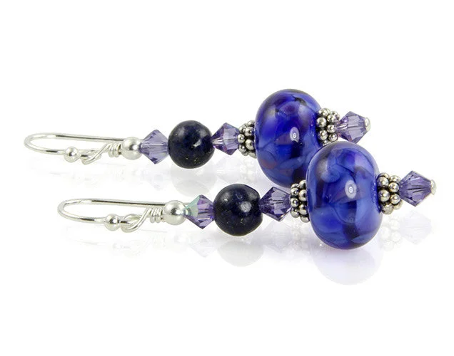 trendy stud earrings for women -Tanzanite Blue Lampwork Bead Earrings