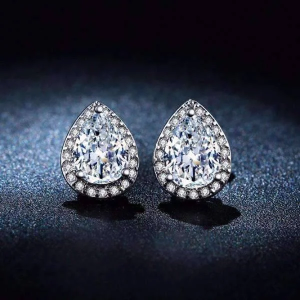 vintage-style earrings for women -Diamond White Infused 14K White Gold plated 1CT Austrian Crystal Pear Stud Earrings for Women Special Occasion Prom Wedding Bridal Anniversary Gift