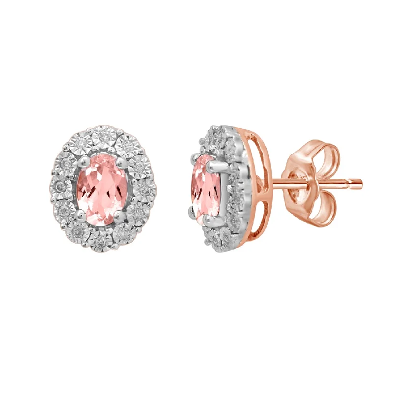 large hoop earrings for women -9ct Rose Gold Diamond Set Oval Morganite Stud Earrings