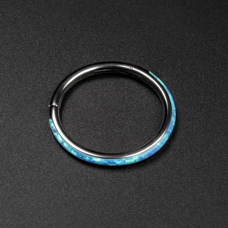 eternity rings for women -Inlaid Pacific Blue Synth Opal Titanium Hinged Segment Ring