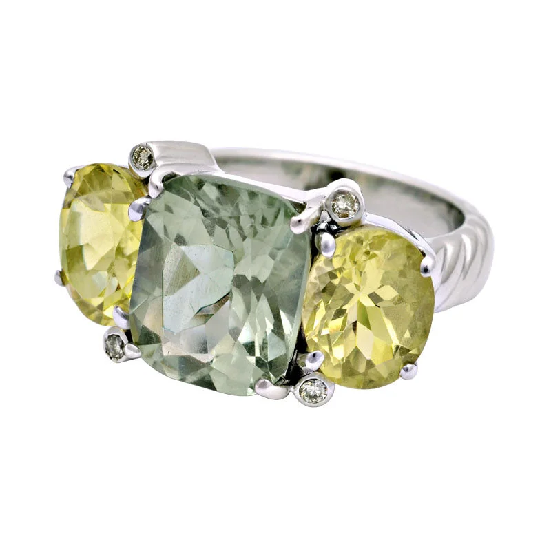 custom wedding bands for women -Ring-Green Quartz, Lemon Quartz and Diamond