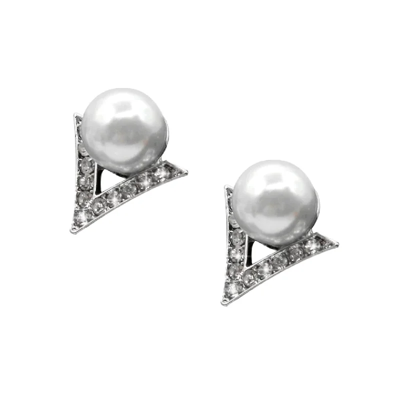 bold silver earrings for women -V Shaped Pearl And Crystal Stud Earring