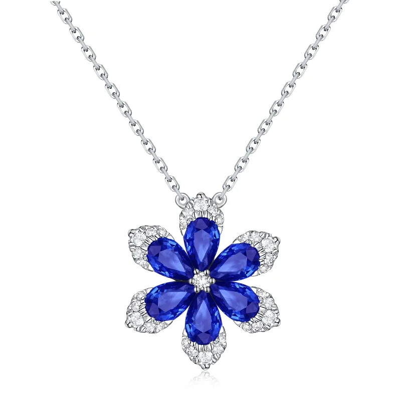 bridesmaid necklaces for women -14k Gold Diamond & Sapphire Flower Necklace