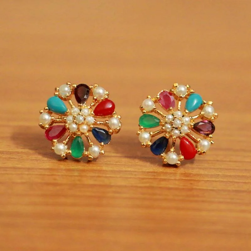 minimalistic earrings for women -NAVRATAN PEARL GOLD LOOK STUDS