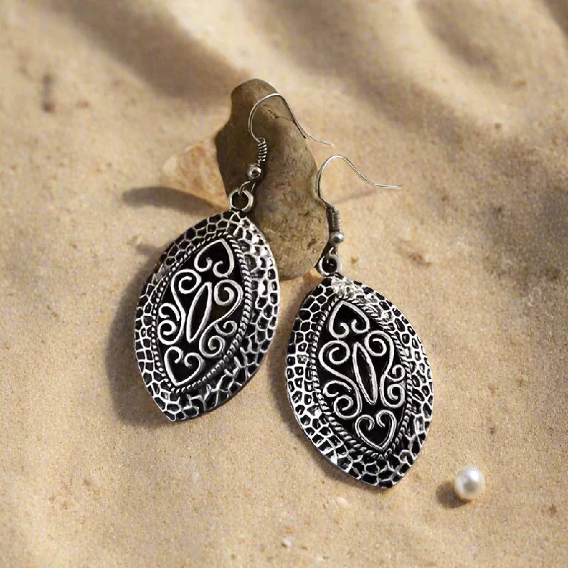 elegant drop earrings for women -Tibetian Shield Silver Scroll Dangling Hook Earrings for Women