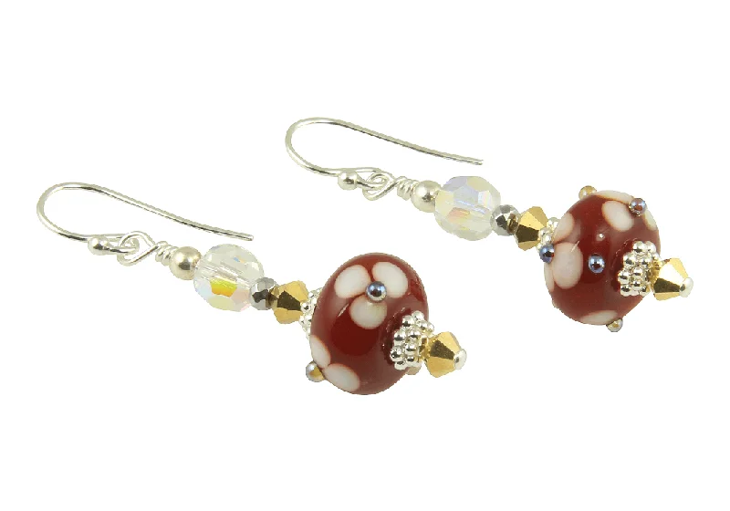 bright gemstone earrings for women -Golden Red Floral Lampwork Earrings