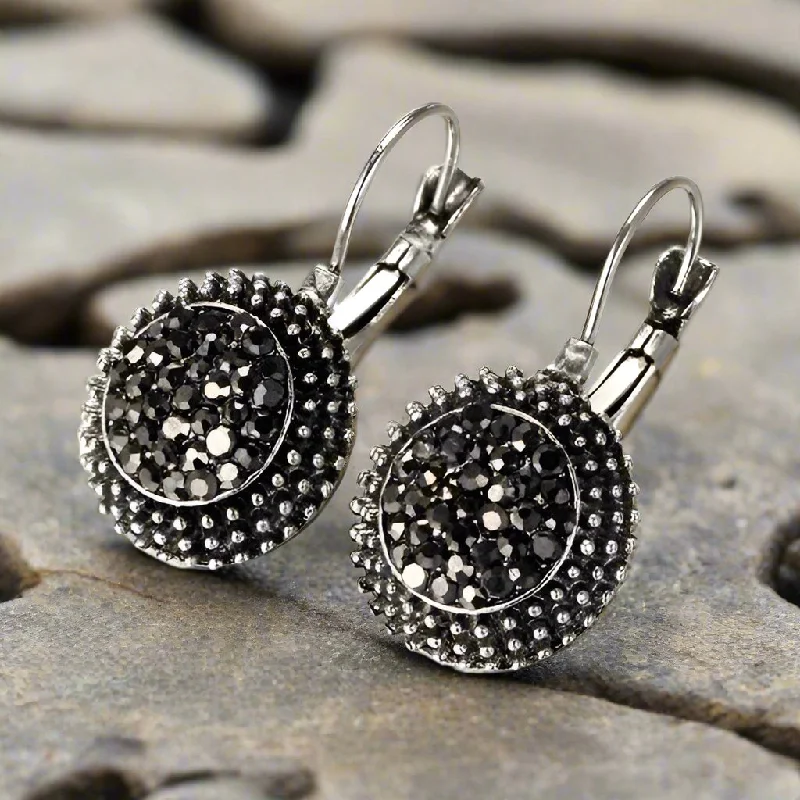 luxury silver earrings for women -Black Crushed Sparkling Crystals Marcasite Vintage Style Lever Back Earrings for Women