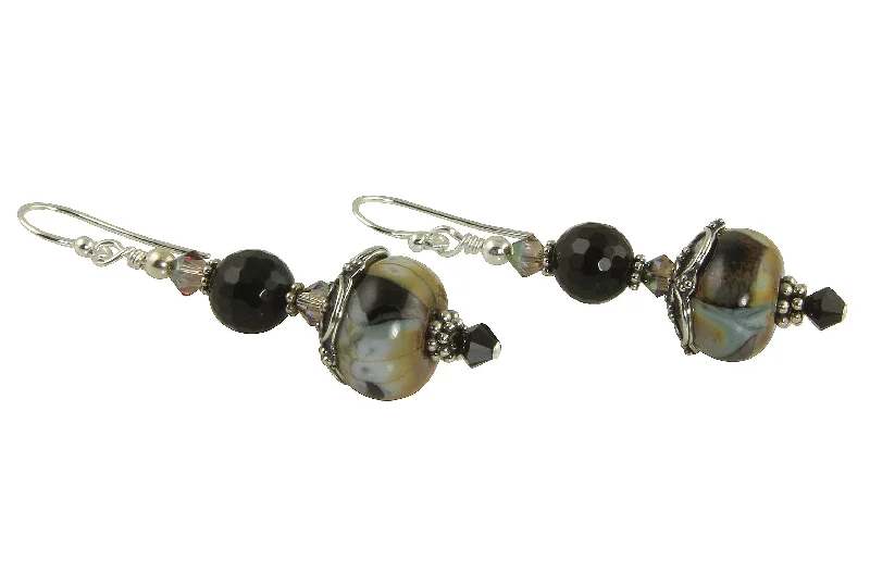 cute stud earrings for women -Black Calico Lampwork Bead Earrings