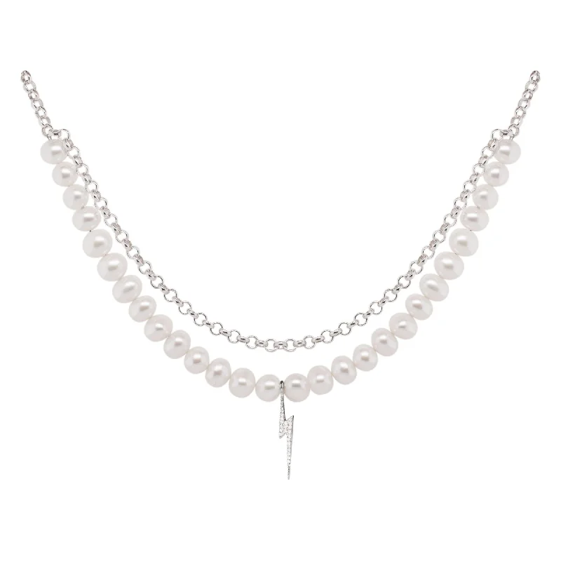 gold pendant necklaces for women -Bolt Silver Necklace w. Pearl & Zirconia