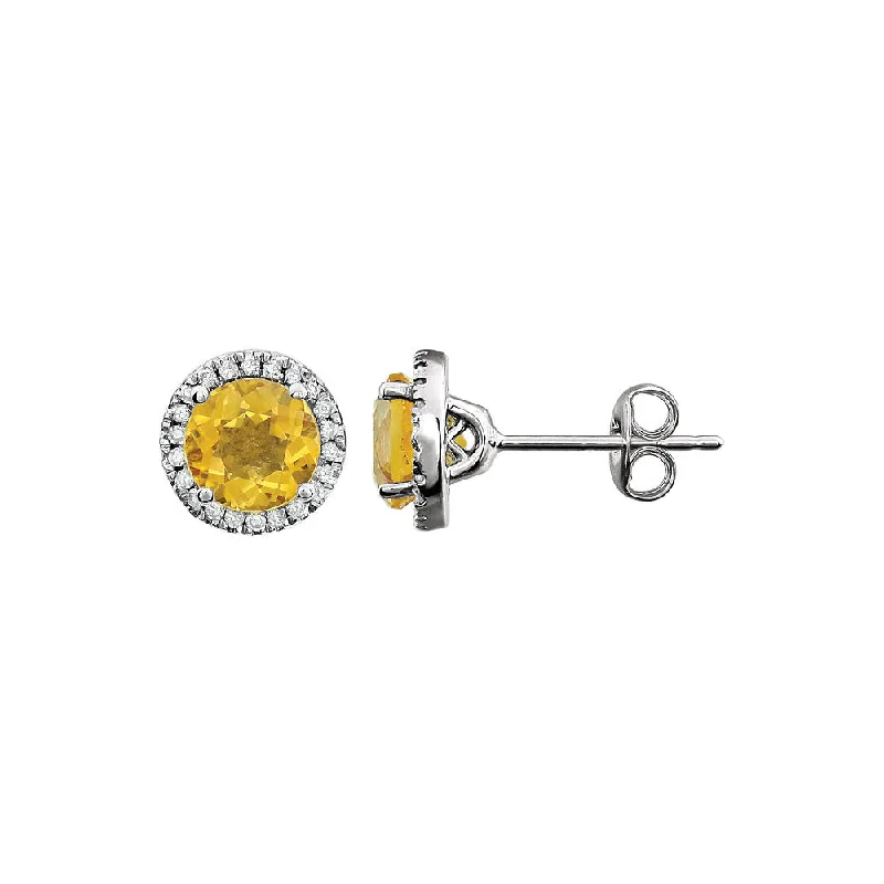 trendy earrings for women -8mm Halo Style Citrine & Diamond Earrings in 14k White Gold